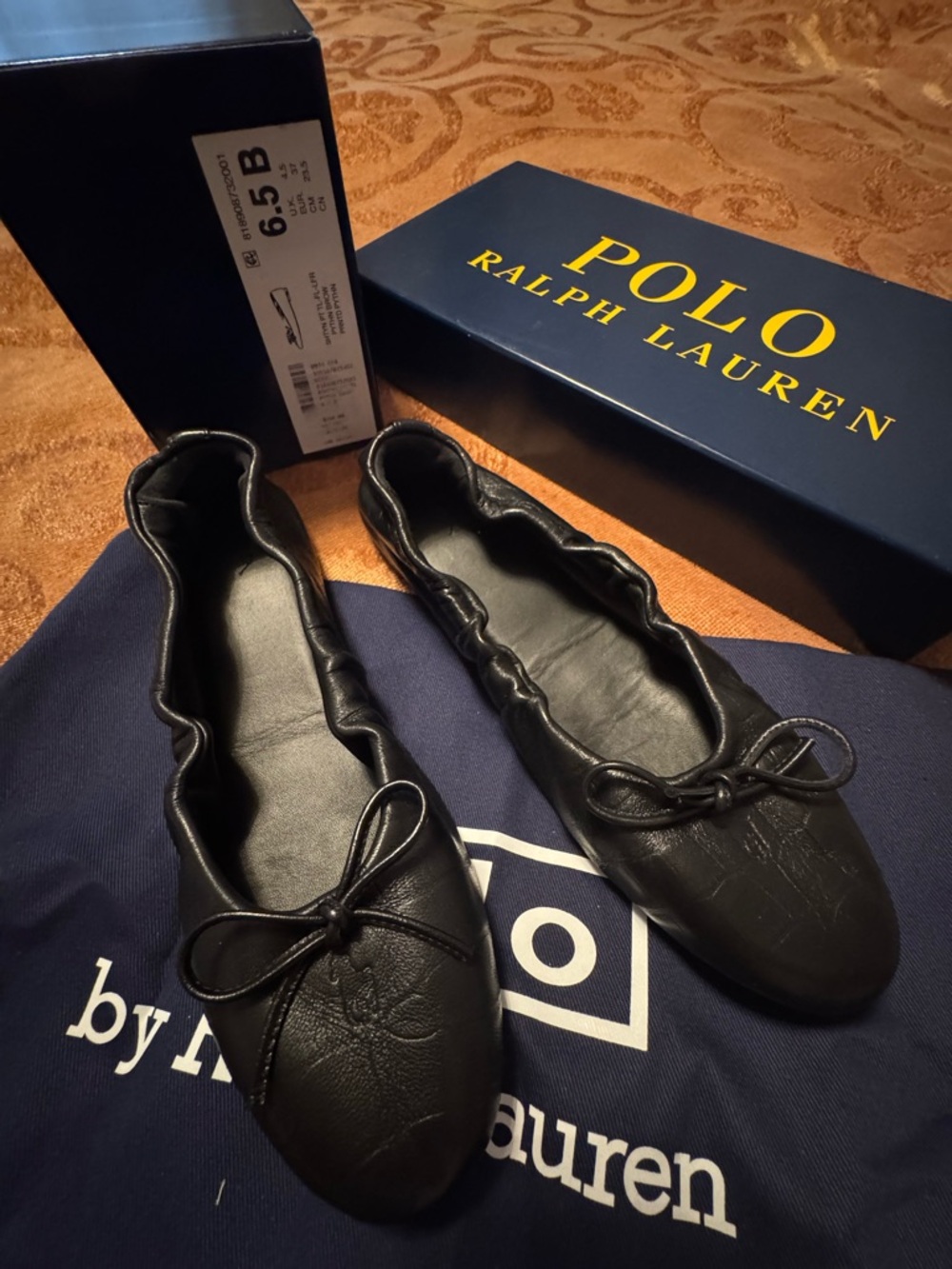 Polo by Ralph Lauren Black Leather Ballet Flats with Bow
